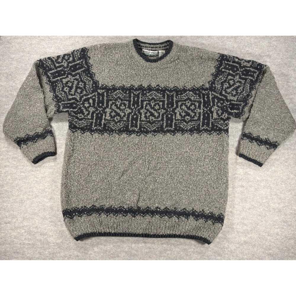 North Winds Cotton Traders Mens XL Wool Blend Geometric Fair Isle Sweater Grey